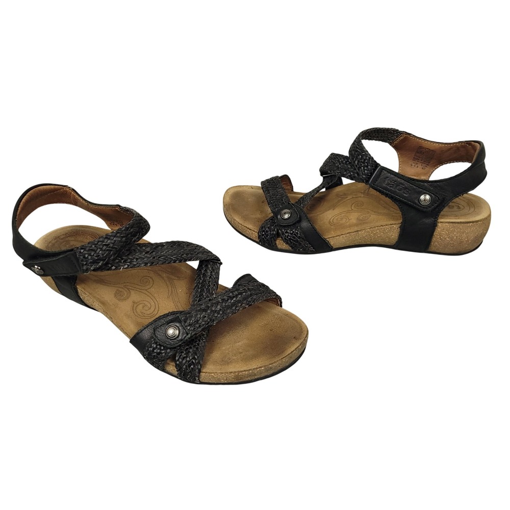 Taos Rita Sandals Womens 9 9.5 Black Brown Leather Cork Wedge Comfort Strappy
